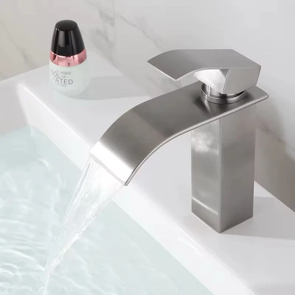 LAVABO BATARYASI INOX ŞELALE KARE GÖVDE EĞİMLİ HAVZA BANYO ARMATÜR ÇİFT GİRİŞ MUSLUK LÜKS MAT GRİ - 2