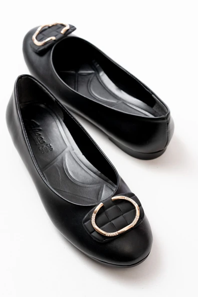 İNF-325 Siyah Tokalı Aksesuarlı Günlük Kadın Babet - 5