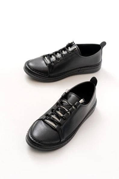 MK-9026 Siyah Bağcıklı Taş Aksesuarlı Günlük Spor Ayakkabı - 2