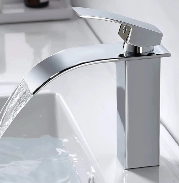 LAVABO BATARYASI KROM ŞELALE KARE GÖVDE EĞİMLİ HAVZA BANYO ARMATÜR ÇİFT GİRİŞ MUSLUK LÜKS ERGONAMİK