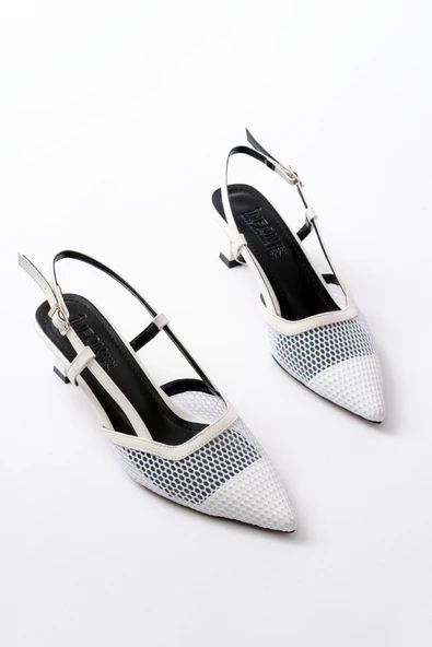 K-607 Beyaz Günlük Fileli Arkası Açık 7 cm Topuklu Bayan Ayakkabı - Resim 3