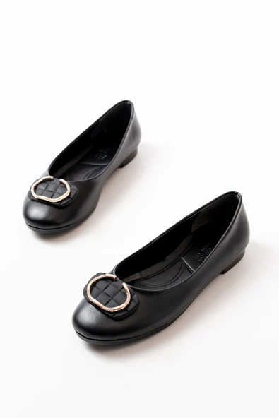 İNF-325 Siyah Tokalı Aksesuarlı Günlük Kadın Babet - 3