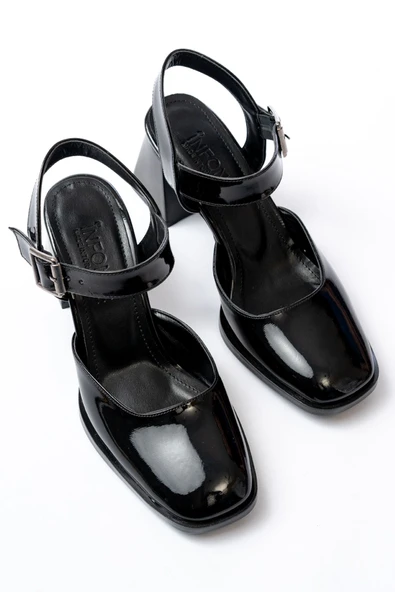 İNF-40450 Siyah Rugan Günlük Arkası Açık Topuklu Bayan Ayakkabı - Resim 4