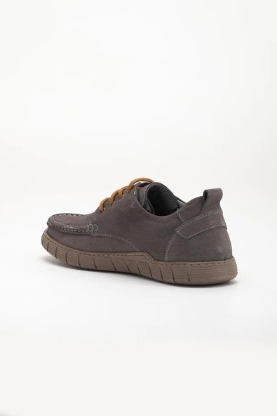 Hakiki Deri Nubuk Erkek Günlük Ayakkabı Gri Saraçlı Kısa Bağlı - Resim 5