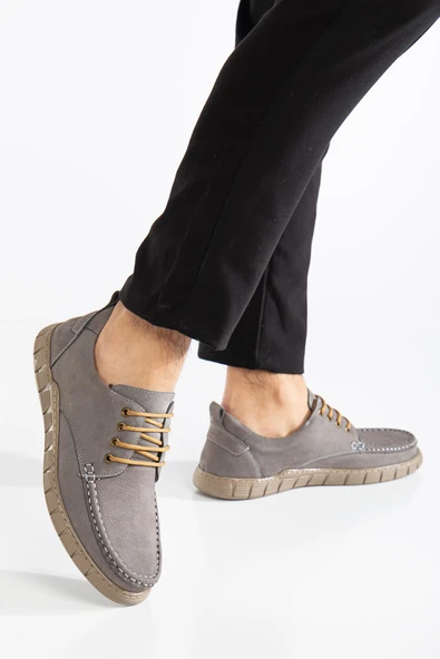 Hakiki Deri Nubuk Erkek Günlük Ayakkabı Gri Saraçlı Kısa Bağlı - Resim 2