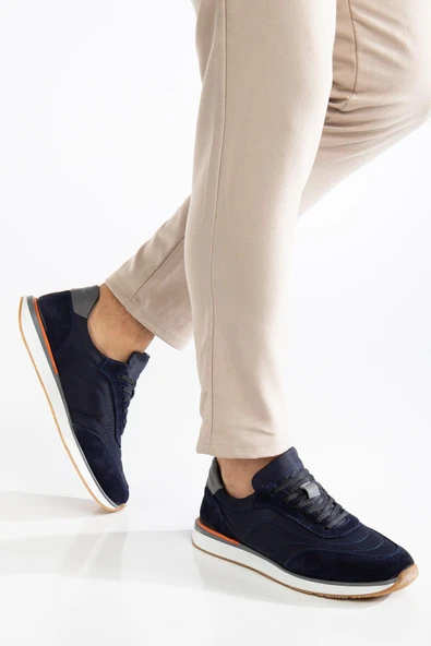 Hakiki Deri Süet Erkek Günlük Ayakkabı Lacivert Termo 2 Renk Taban Bağcıklı - Resim 2