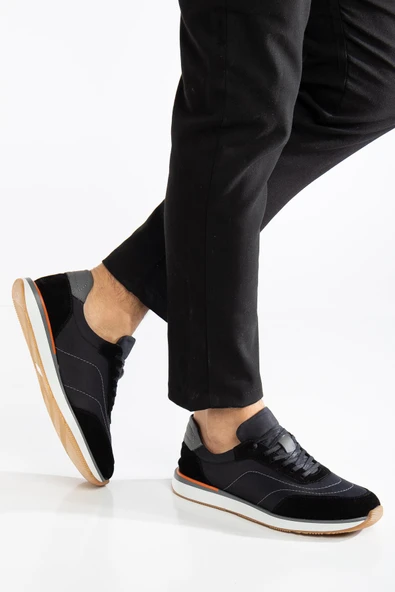 Hakiki Deri Süet Erkek Günlük Ayakkabı Siyah Termo 2 Renk Taban Bağcıklı - Resim 2