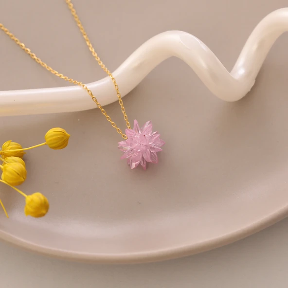 Vaoov 925 Ayar Gümüş Pembe Kristal Taşlı Lotus Kolye - Resim 3