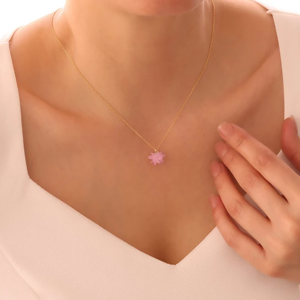 Vaoov 925 Ayar Gümüş Pembe Kristal Taşlı Lotus Kolye - Resim 2