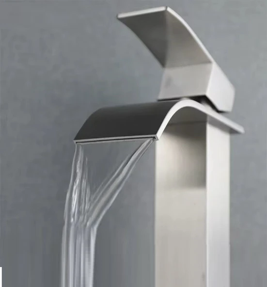 İNOX ÇANAK LAVABO BATARYASI OVAL ÇIKIŞ YÜKSEK HAVZA MODEL UZUN ÇİFT GİRİŞ MUSLUK BANYO MAT GRİ - 3