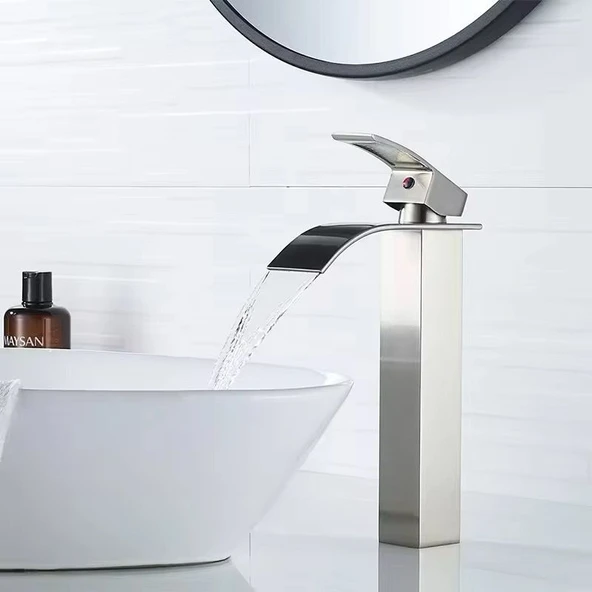 İNOX ÇANAK LAVABO BATARYASI OVAL ÇIKIŞ YÜKSEK HAVZA MODEL UZUN ÇİFT GİRİŞ MUSLUK BANYO MAT GRİ - 6