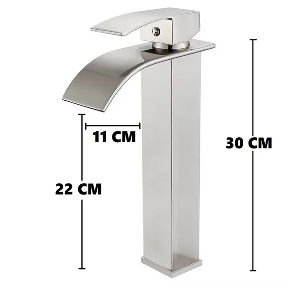 İNOX ÇANAK LAVABO BATARYASI OVAL ÇIKIŞ YÜKSEK HAVZA MODEL UZUN ÇİFT GİRİŞ MUSLUK BANYO MAT GRİ - 7