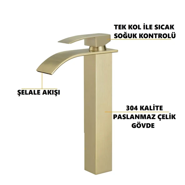 MAT GOLD ÇANAK LAVABO BATARYASI OVAL ÇIKIŞ YÜKSEK HAVZA MODEL UZUN ÇİFT GİRİŞ ALTIN MUSLUK BANYO - 5