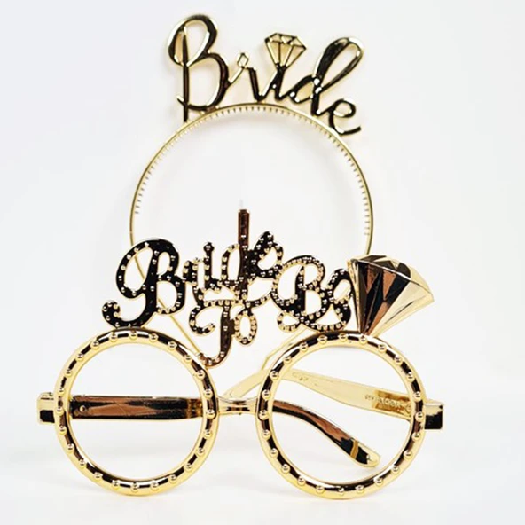Bride Yazılı Taç ve Bride To Be Yazılı Gözlük Seti Altın Renk