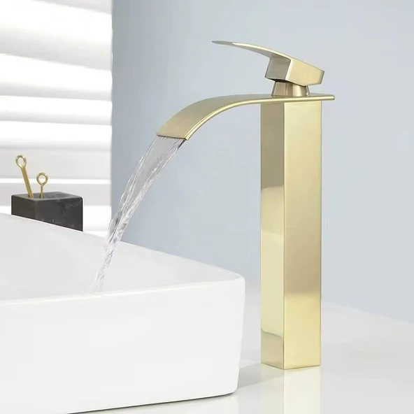 MAT GOLD ÇANAK LAVABO BATARYASI OVAL ÇIKIŞ YÜKSEK HAVZA MODEL UZUN ÇİFT GİRİŞ ALTIN MUSLUK BANYO - 4