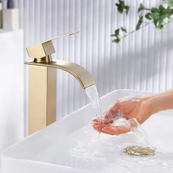 MAT GOLD ÇANAK LAVABO BATARYASI OVAL ÇIKIŞ YÜKSEK HAVZA MODEL UZUN ÇİFT GİRİŞ ALTIN MUSLUK BANYO - 2