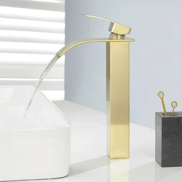 MAT GOLD ÇANAK LAVABO BATARYASI OVAL ÇIKIŞ YÜKSEK HAVZA MODEL UZUN ÇİFT GİRİŞ ALTIN MUSLUK BANYO