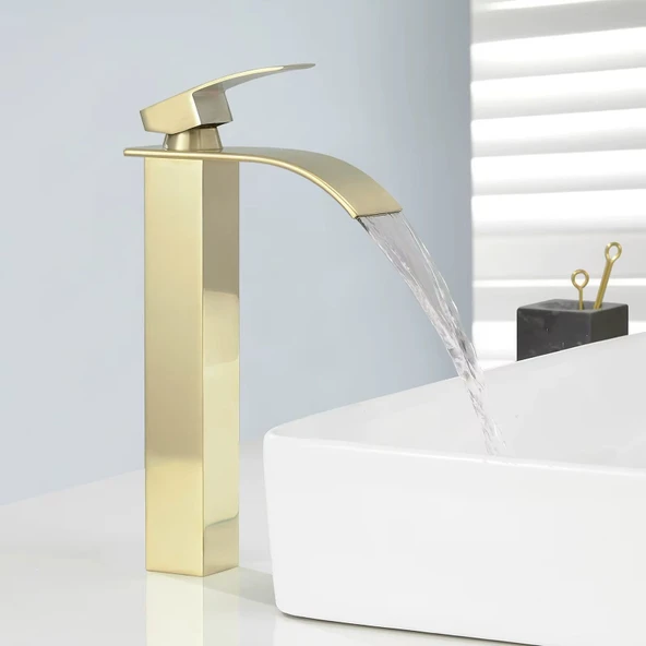 MAT GOLD ÇANAK LAVABO BATARYASI OVAL ÇIKIŞ YÜKSEK HAVZA MODEL UZUN ÇİFT GİRİŞ ALTIN MUSLUK BANYO - 3