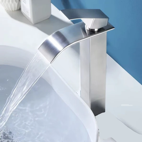 İNOX ÇANAK LAVABO BATARYASI OVAL ÇIKIŞ YÜKSEK HAVZA MODEL UZUN ÇİFT GİRİŞ MUSLUK BANYO MAT GRİ - 4