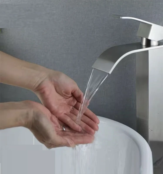 İNOX ÇANAK LAVABO BATARYASI OVAL ÇIKIŞ YÜKSEK HAVZA MODEL UZUN ÇİFT GİRİŞ MUSLUK BANYO MAT GRİ - 5