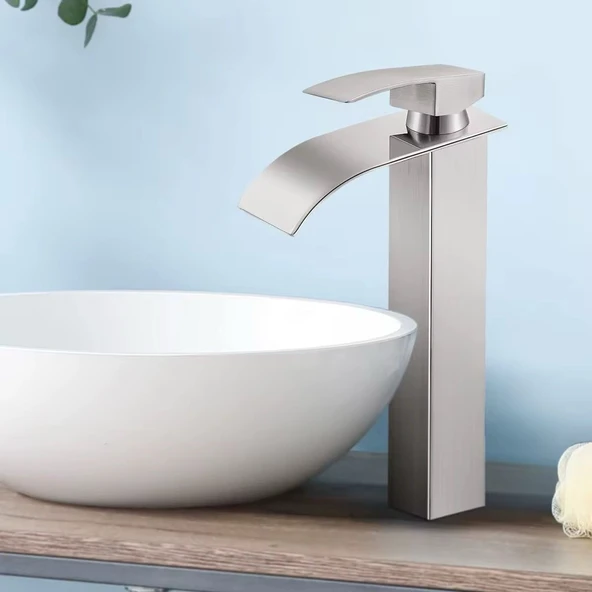 İNOX ÇANAK LAVABO BATARYASI OVAL ÇIKIŞ YÜKSEK HAVZA MODEL UZUN ÇİFT GİRİŞ MUSLUK BANYO MAT GRİ - 2