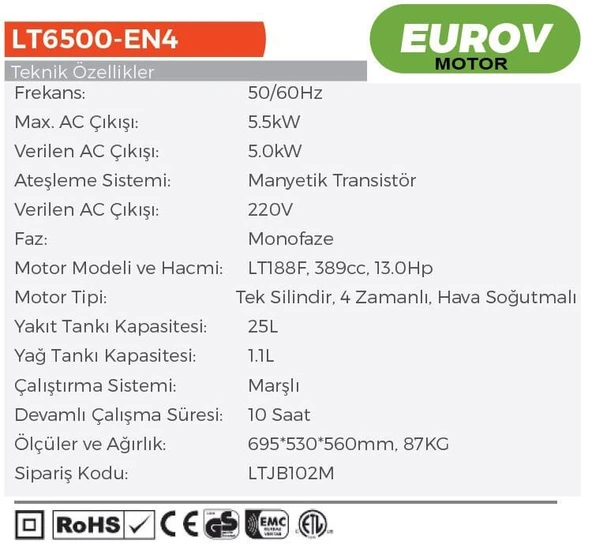 LUTİAN 5.5 kW Euro V Motor  Monofaze Benzinli Jeneratör (LT6500EN-4) - 2