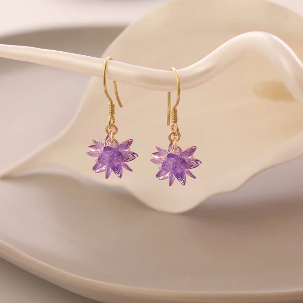 Vaoov 925 Ayar Gümüş Mor Kristal Taşlı Lotus Küpe - Resim 3