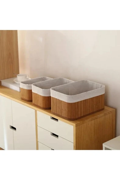 3 Boy Bambu Organizer Sepet Seti Ekmek Kutusu Keten Kumaş Banyo Mutfak Kozmetik Dolap Düzenleyici - 4