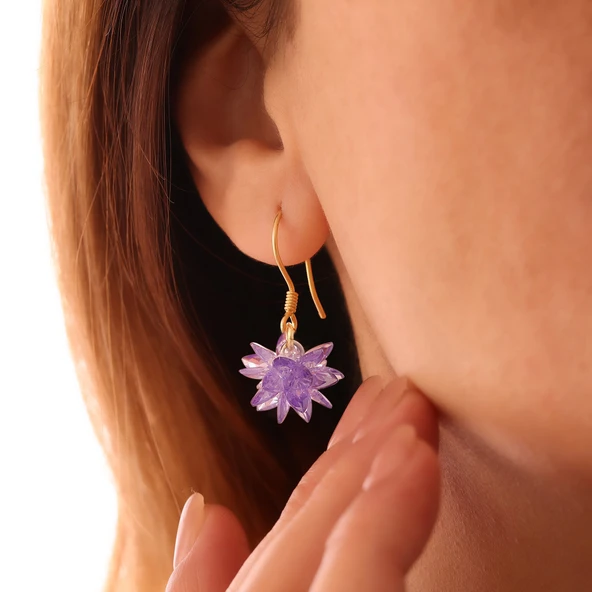 Vaoov 925 Ayar Gümüş Mor Kristal Taşlı Lotus Küpe - Resim 2