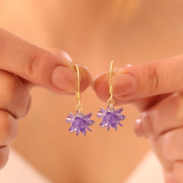 Vaoov 925 Ayar Gümüş Mor Kristal Taşlı Lotus Küpe ürün görseli