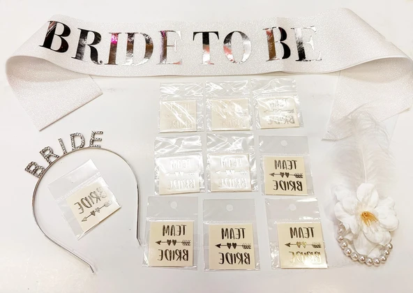 Gümüş Renk Bride Partisi Taç Kuşak Dövme Bileklik Seti Full 13 Parça - 2