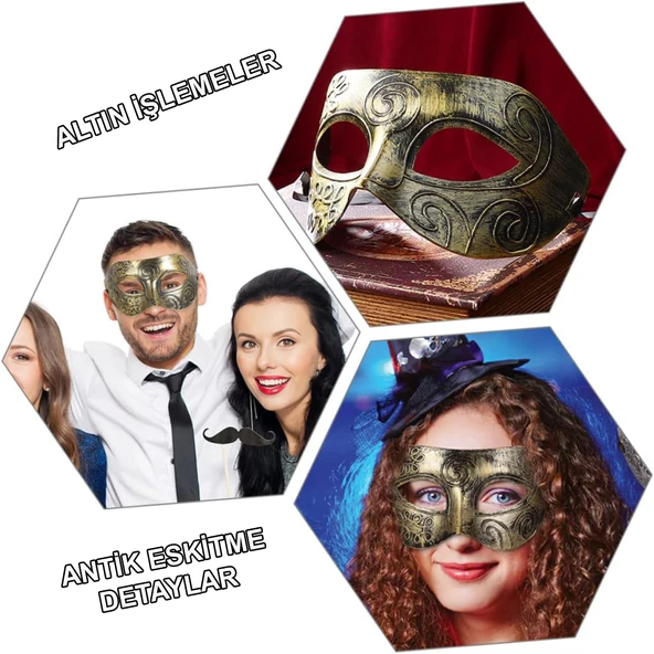 Altın Eskitme Yüz Maskesi - Antik Tarz Balo Maskesi ürün görseli 1