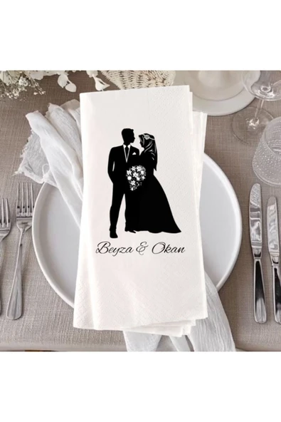 Lion Baskı ve Organizasyon  Kişiye Özel Tesettürlü Gelin ve Damat Baskılı Söz, Nişan, Kına, Düğün Temalı Peçete 20’li ürün görseli