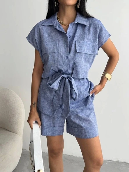 KETEN BAĞLAMALI KOLSUZ GÖMLEK - DUBLE PAÇA ŞORT TAKIM - Lacivert - 2