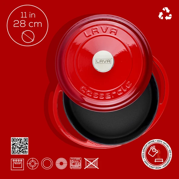 Lava Döküm Çok Amaçlı Yayvan Tencere Döküm Demir Kapak Heritage Serisi Çap(Ø)28cm.  Kırmızı - Resim 3