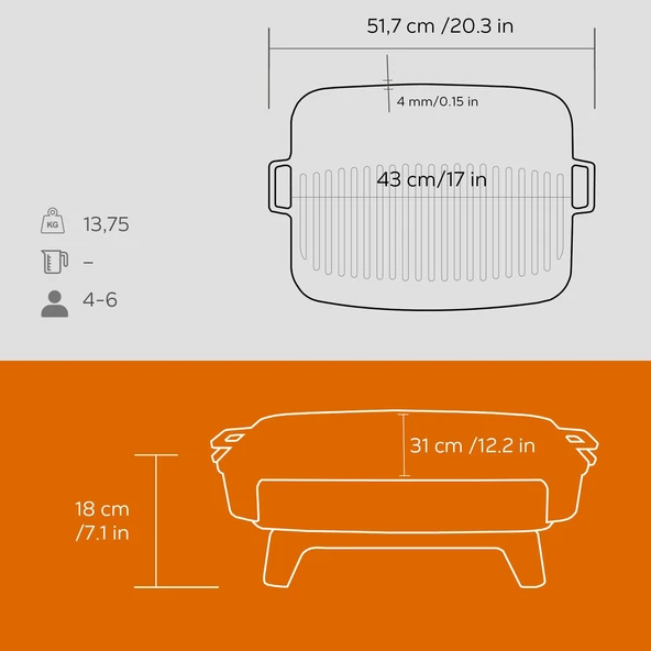 Lava Döküm Dikdörtgen Mangal Izgara Set Döküm Demir Yekpare Çift Kulplu Ölçü 36x45cm. Turuncu - 6