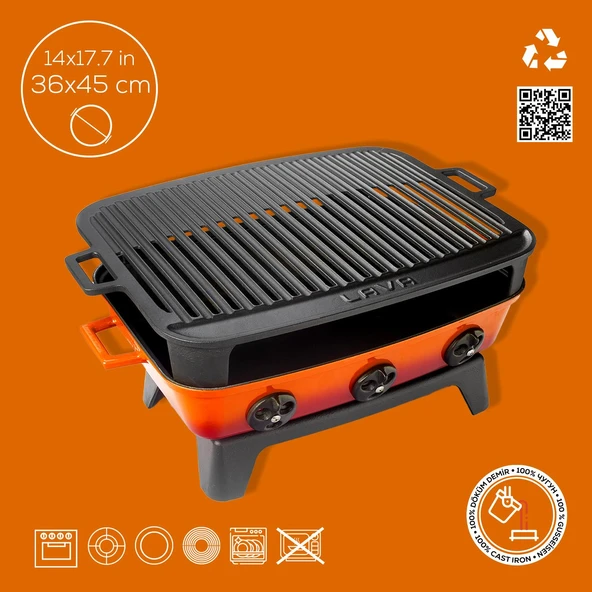 Lava Döküm Dikdörtgen Mangal Izgara Set Döküm Demir Yekpare Çift Kulplu Ölçü 36x45cm. Turuncu - 5