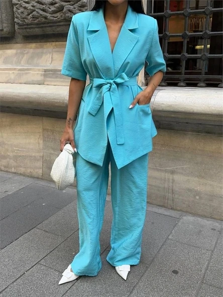 KISA KOL BAĞLAMA DETAYLI CEKET-PANTOLON TAKIM - Mavi - 4