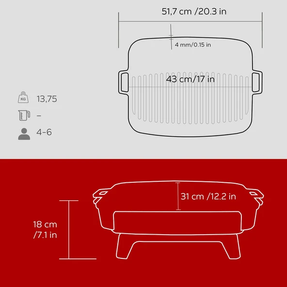 Lava Döküm Dikdörtgen Mangal Izgara Set Döküm Demir Yekpare Çift Kulplu Ölçü 36x45cm. Kırmızı - 6