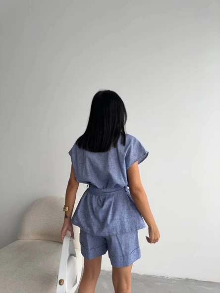 KETEN BAĞLAMALI KOLSUZ GÖMLEK - DUBLE PAÇA ŞORT TAKIM - Lacivert - 4