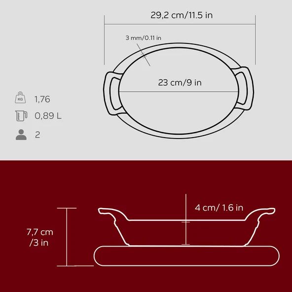 Lava Döküm Oval Sahan Döküm Demir Yekpare Çift Kulplu Kayın Servis Ahşabı Ölçü 23x17cm.  Kırmızı - Resim 5