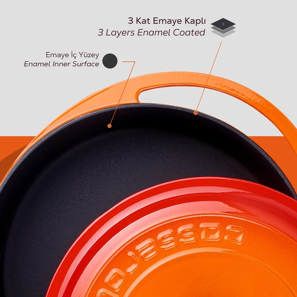 Lava Döküm Çok Amaçlı Yayvan Tencere Döküm Demir Kapak Heritage Serisi Çap(Ø)28cm.  Turuncu - 5
