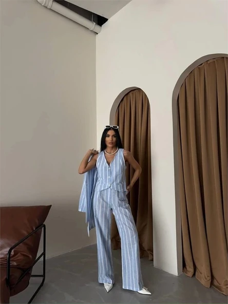 ÇİZGİLİ CEKET KETEN - Mavi - 4