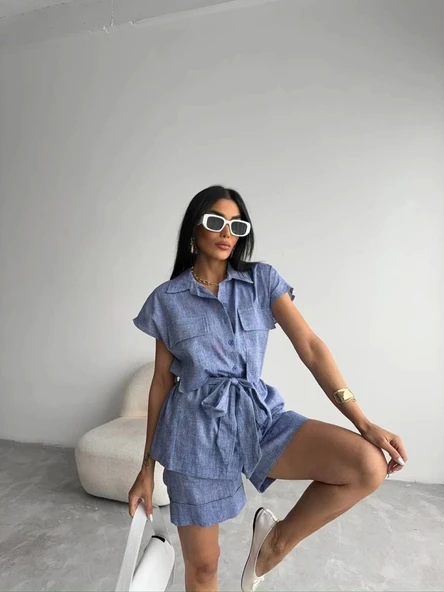 KETEN BAĞLAMALI KOLSUZ GÖMLEK - DUBLE PAÇA ŞORT TAKIM - Lacivert - 3