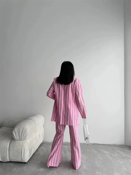 ÇİZGİLİ KETEN YELEK-PANTOLON TAKIM - Pembe - 2