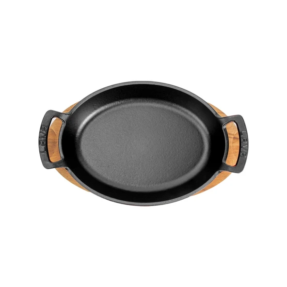 Lava Döküm Oval Sahan Döküm Demir Yekpare Çift Kulplu Kayın Servis Ahşabı Ölçü 23x17cm.  Kırmızı - Resim 3