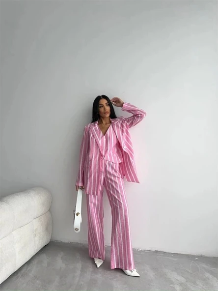 ÇİZGİLİ KETEN YELEK-PANTOLON TAKIM - Pembe - 4