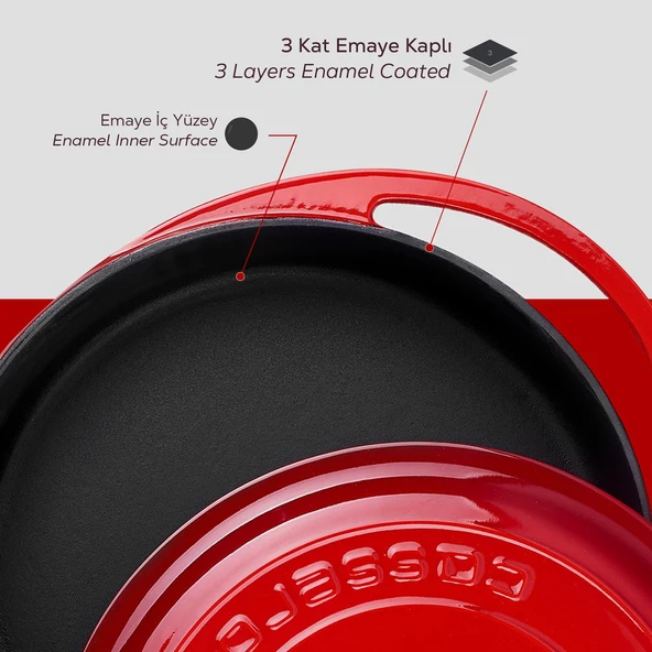Lava Döküm Çok Amaçlı Yayvan Tencere Döküm Demir Kapak Heritage Serisi Çap(Ø)28cm.  Kırmızı - Resim 5