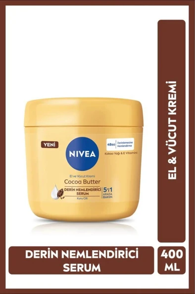 NIVEA Cocoa Butter El Ve Vücut Bakım Kremi 400ml, 48 Saat Nemlendirici Serum, E Vitamini, Kakao Yağı