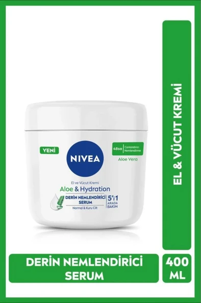 NIVEA Aloe Vera 5'i 1 Arada El Ve Vücut Kremi 400ml, 48 Saat Nemlendirici Serum, Normal Ve Kuru Ciltler